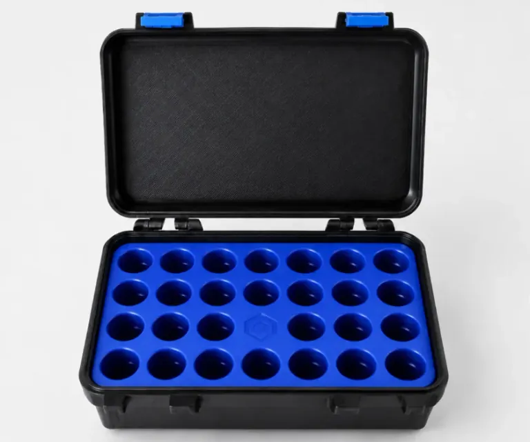 Compact PEP CASE open showing organised vial storage layout