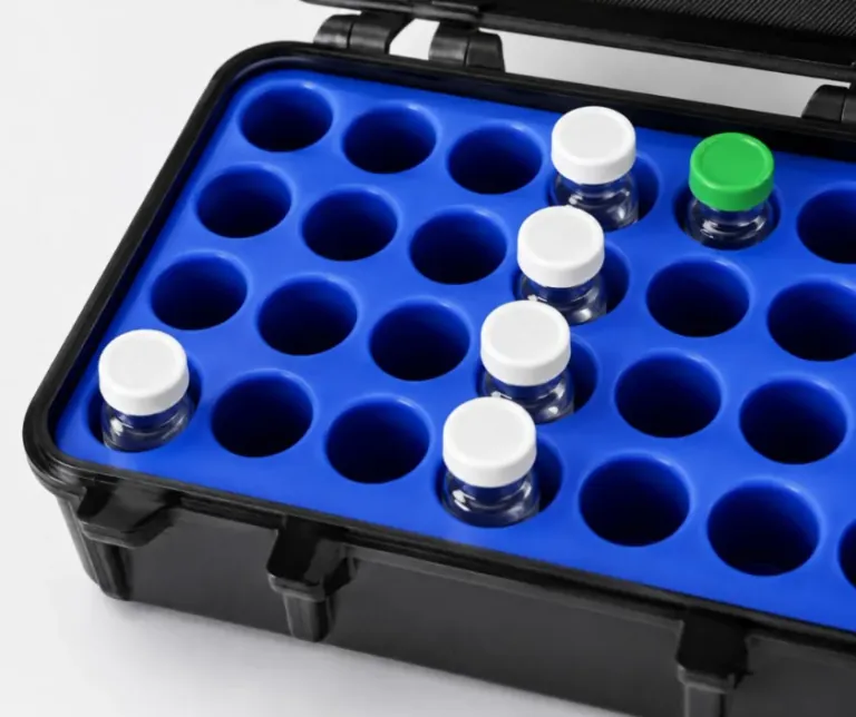 Custom-fit foam slots holding medication vials upright